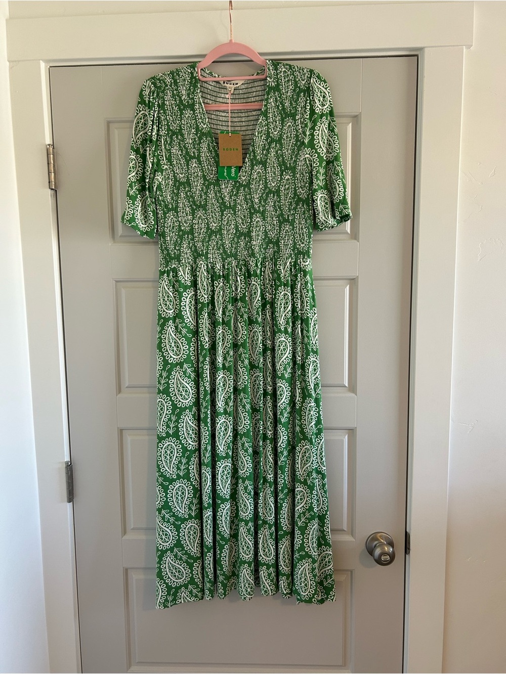 Boden Bethany Smocked Jersey Midi Dress Green Paisley 6